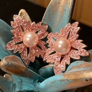 Kenneth Jay Lane Pink Pearl & Pink Crystal Rose Gold Bold Floral Earrings